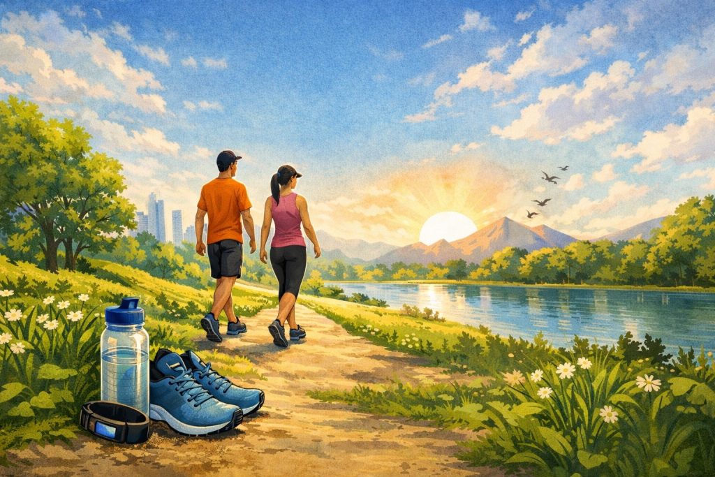 “People walking outdoors on a scenic path representing daily walking habit for better physical and mental health”