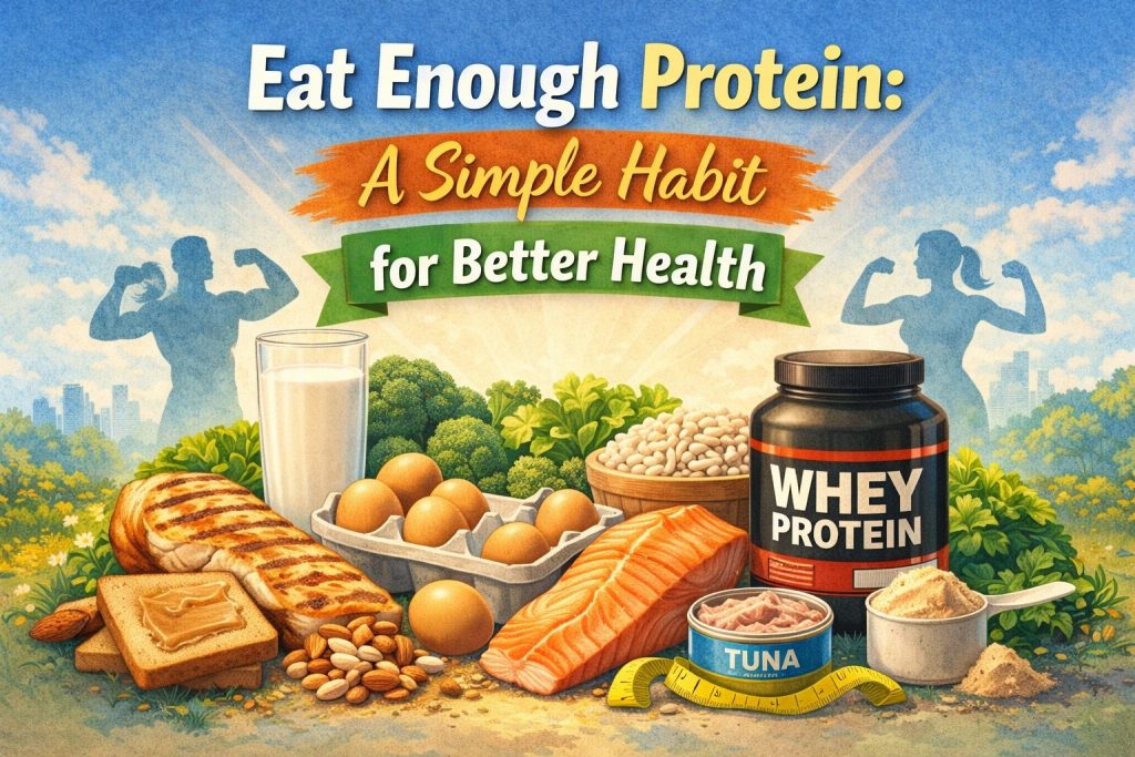 Protein-rich foods including eggs, salmon, chicken, beans, milk, and whey protein representing a healthy high-protein diet for better health and fitness”