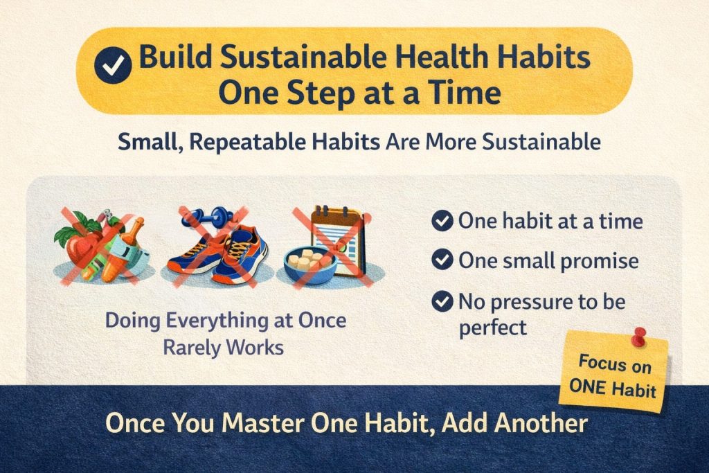 Build sustainable health habits one step at a time by focusing on small, repeatable daily actions
